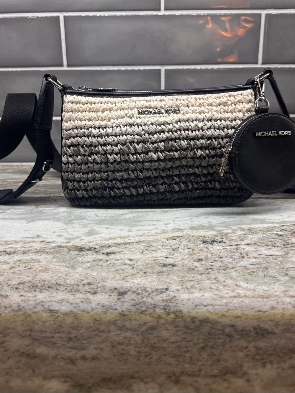 Michael Kors Ombre Woven Crossbody Bag in Black and White